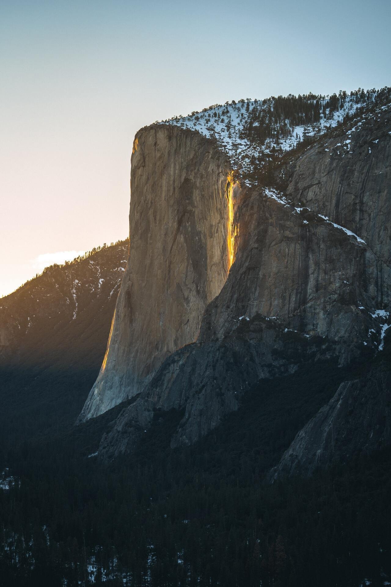 Granite Cliff Golden Sunset Light Winter Snow Mountain