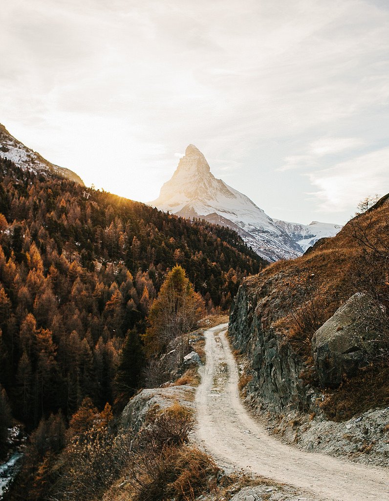 Dirt Road Autumn Forest Matterhorn Mountain Snow Peak