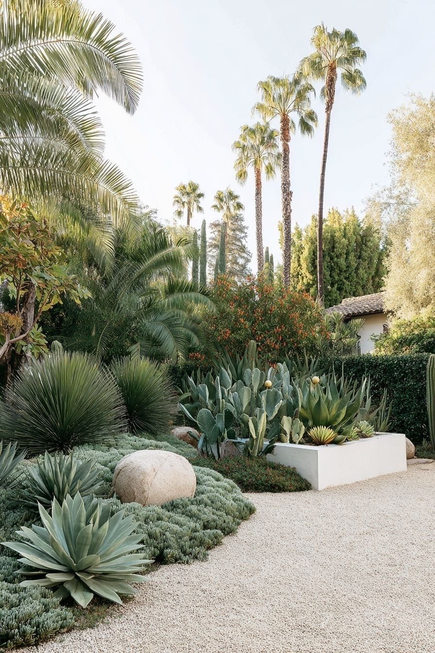 Desert Garden Pathway Succulents Cacti Palm Trees Gravel
