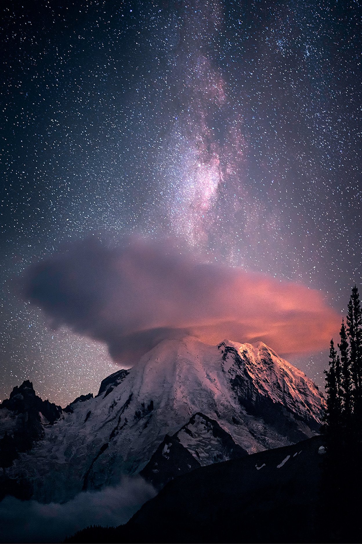 Snow Covered Mountain Peak Pink Clouds Milky Way Stars Night Sky