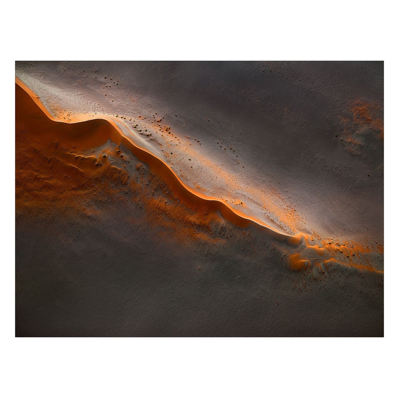 Aerial View Orange Sand Dunes Dark Desert Landscape