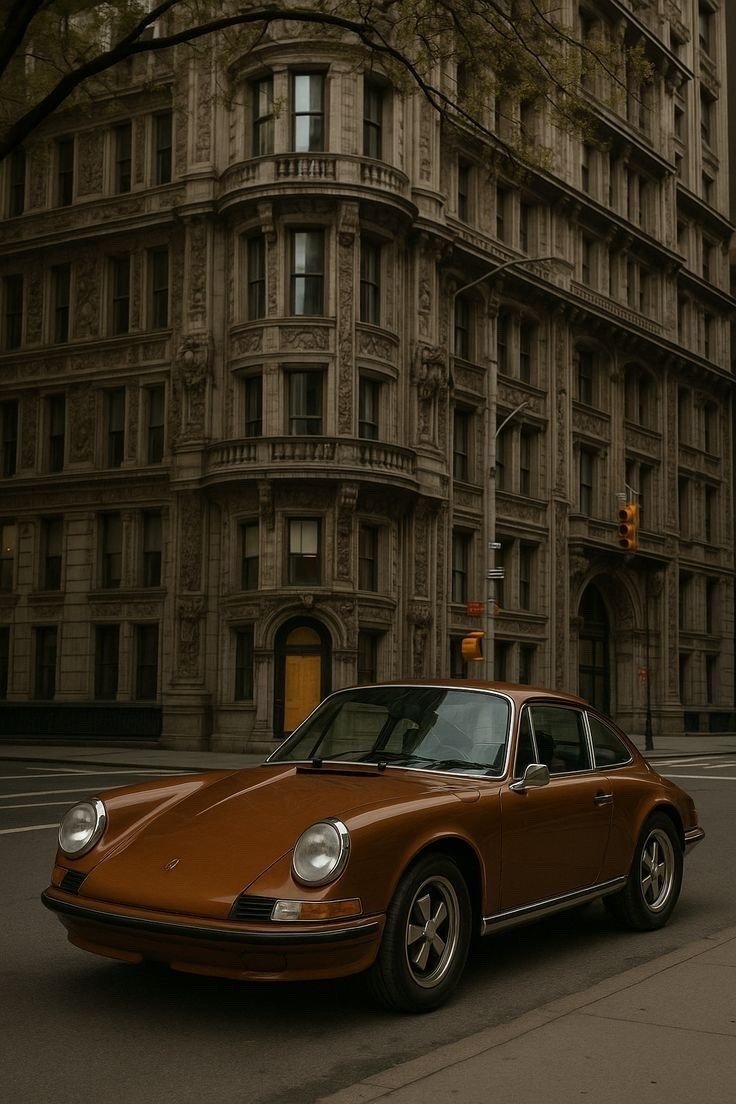 Vintage Brown Porsche 911 Classic Car Ornate Stone Building