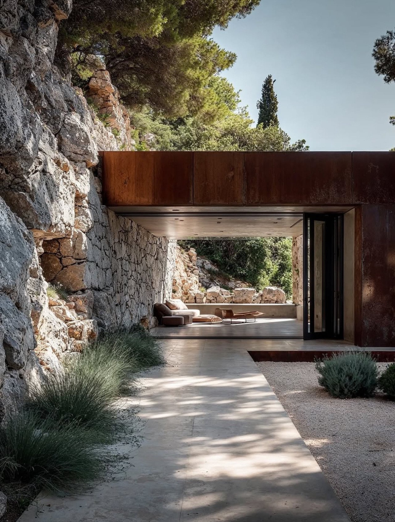 Modern Corten Steel House Built Into Rocky Cliff With Stone Walls