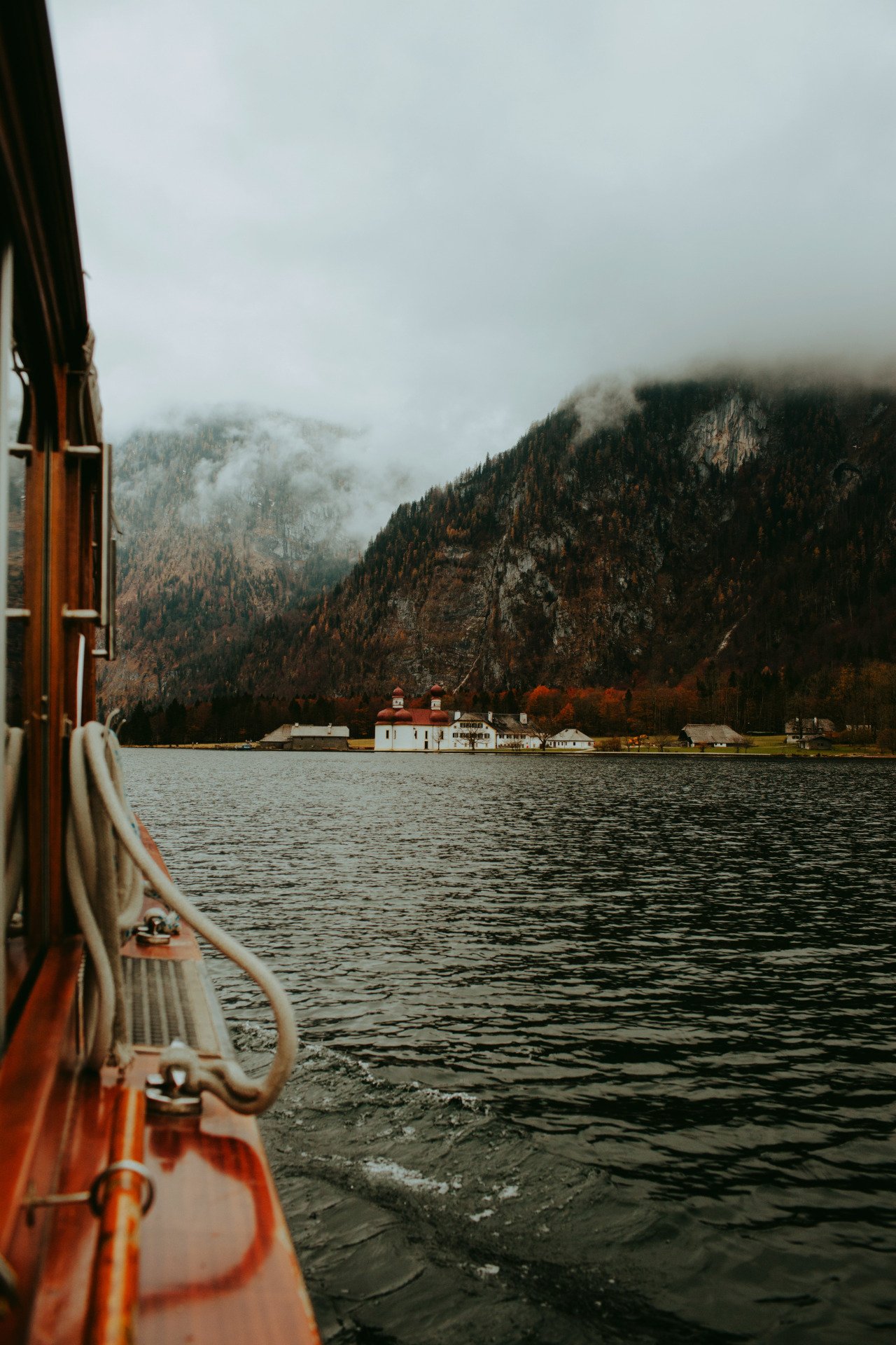 Wooden Boat Deck View Lake Mountain Village Fog Autumn