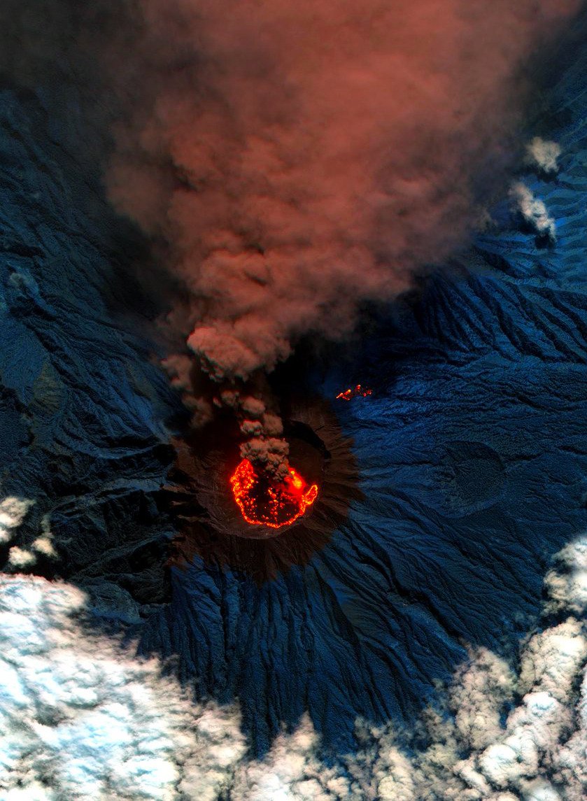 Active Volcano Crater Lava Lake Aerial View With Ash Plume