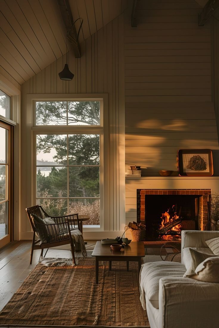 White Shiplap Living Room With Fireplace And Large Windows