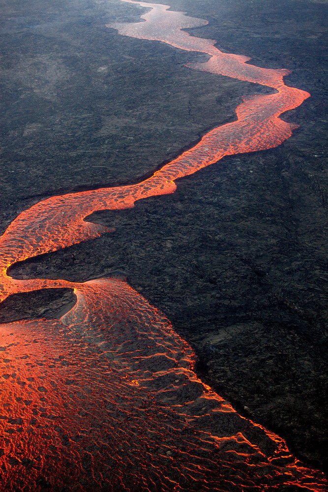 Aerial View Lava Flow Red Orange Molten Rock Black Volcanic Field
