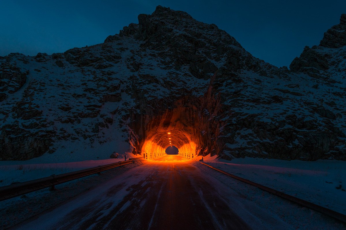 Illuminated Mountain Tunnel Road Snow Winter Dusk Norway