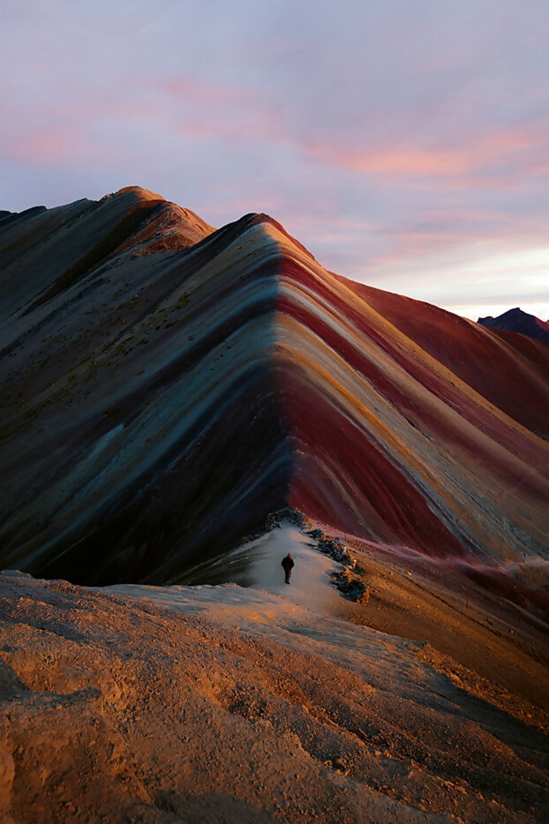 Rainbow Striped Mountain Peak Hiker Sunset Vinicunca Peru