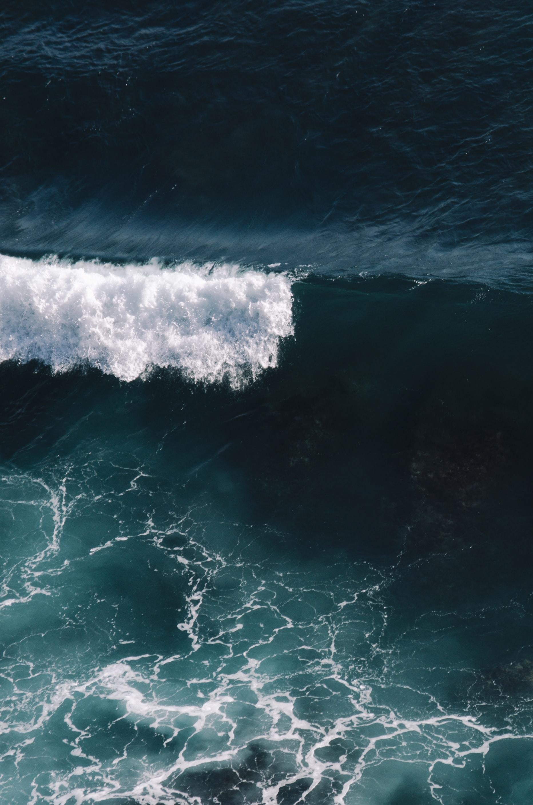Ocean Wave Breaking White Foam Aerial View Dark Water