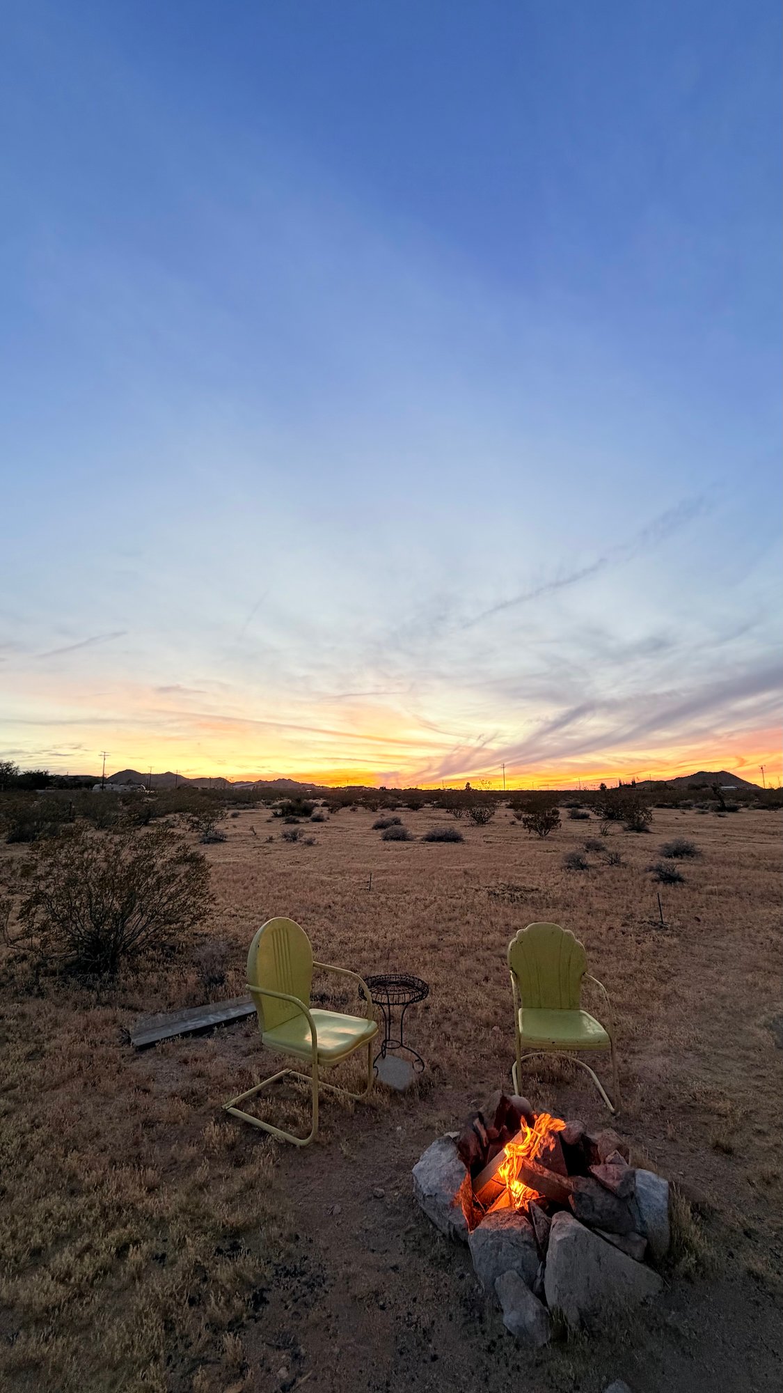 Desert Fire Pit Vintage Green Chairs Sunset Sky