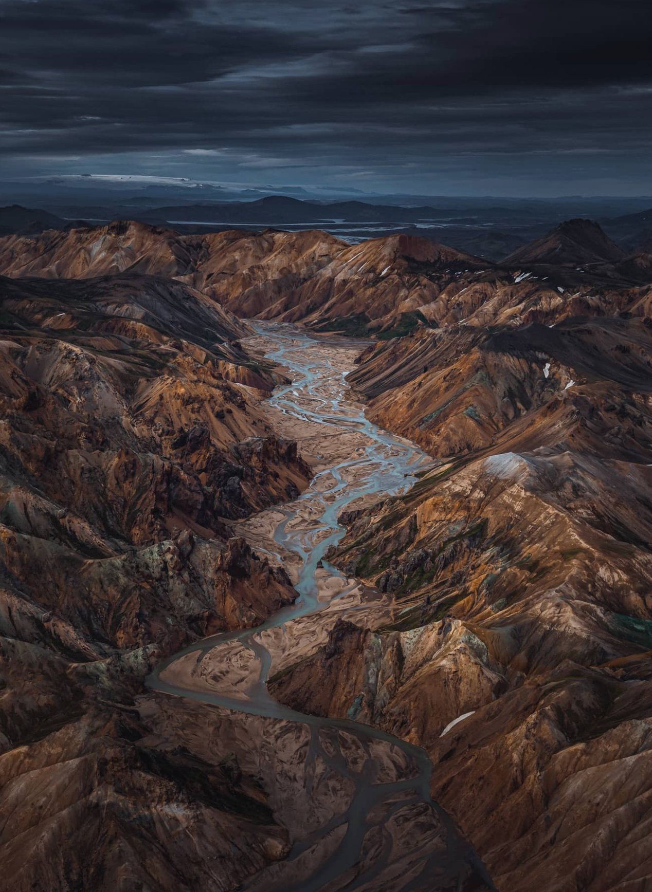Braided River Through Brown Mountain Valley Aerial View
