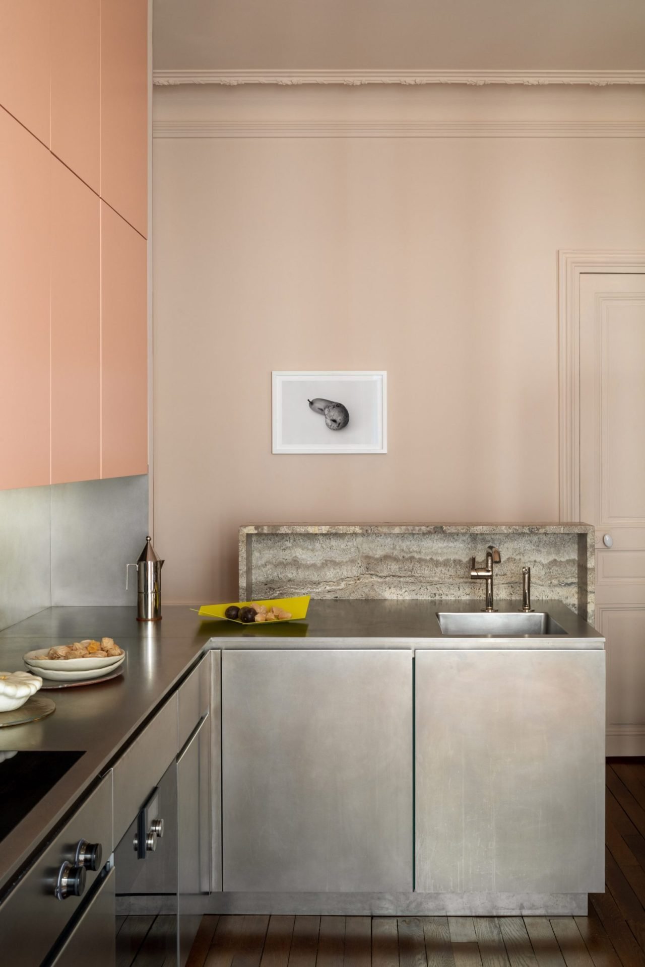 Modern Kitchen Pink Cabinets Stainless Steel Countertops Concrete Backsplash