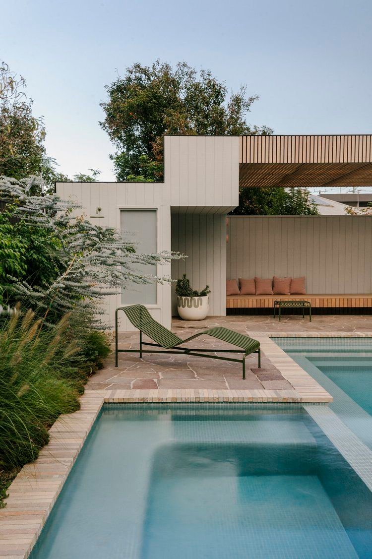 Modern White House With Pool Terrace Wooden Lounge Area