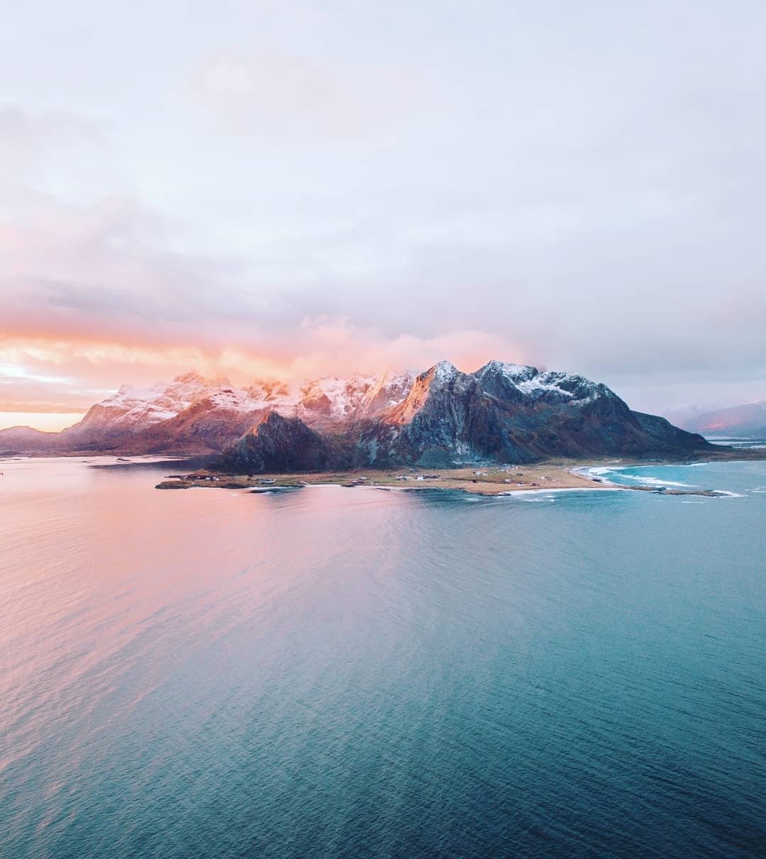 Snow Covered Mountain Range Coastal Island Sunset Pink Sky