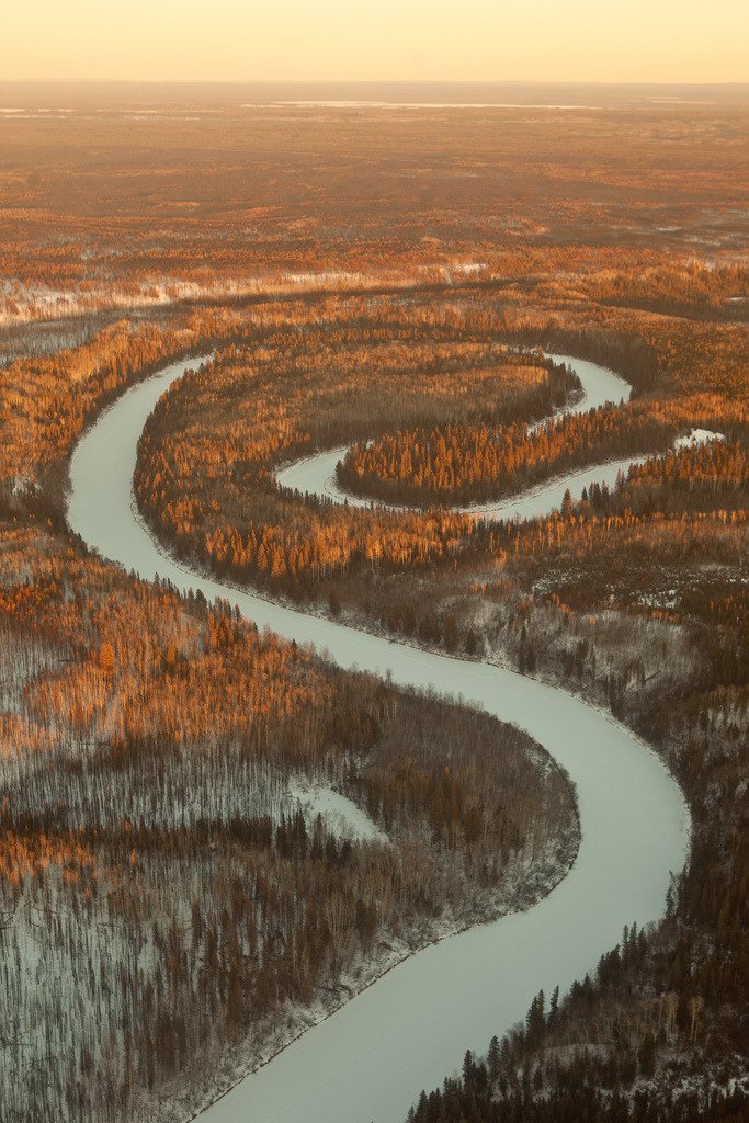 Winding River Through Autumn Forest Aerial View Winter Snow