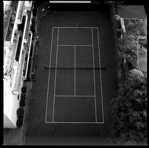 Rooftop Tennis Court Urban Skyline Aerial
