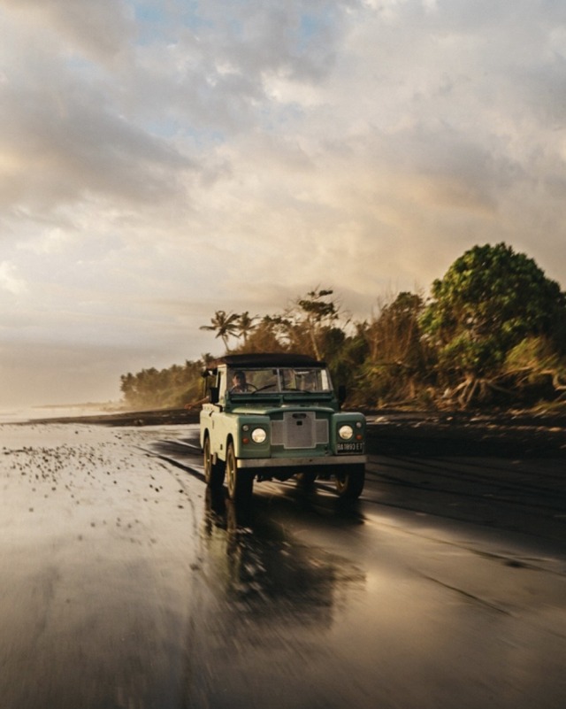 Vintage Green Jeep Road Beach Palm Trees Cloudy Sky