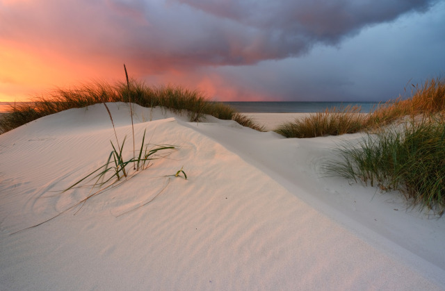 White Sand Dunes Ocean Beach Sunset Storm Clouds