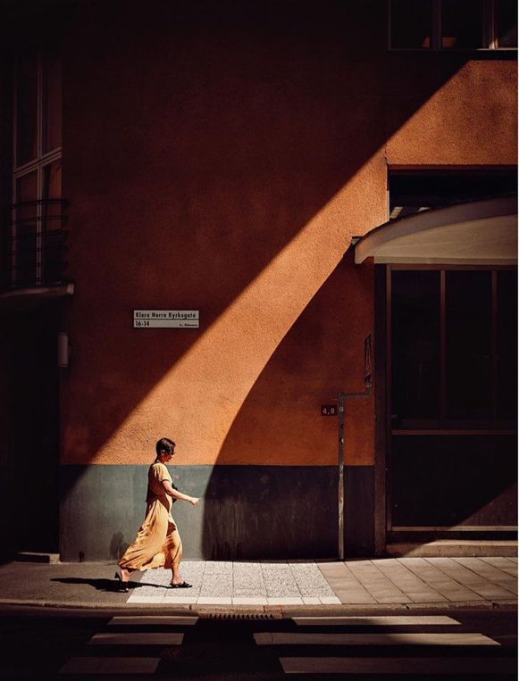 Woman Walking Urban Building Shadow