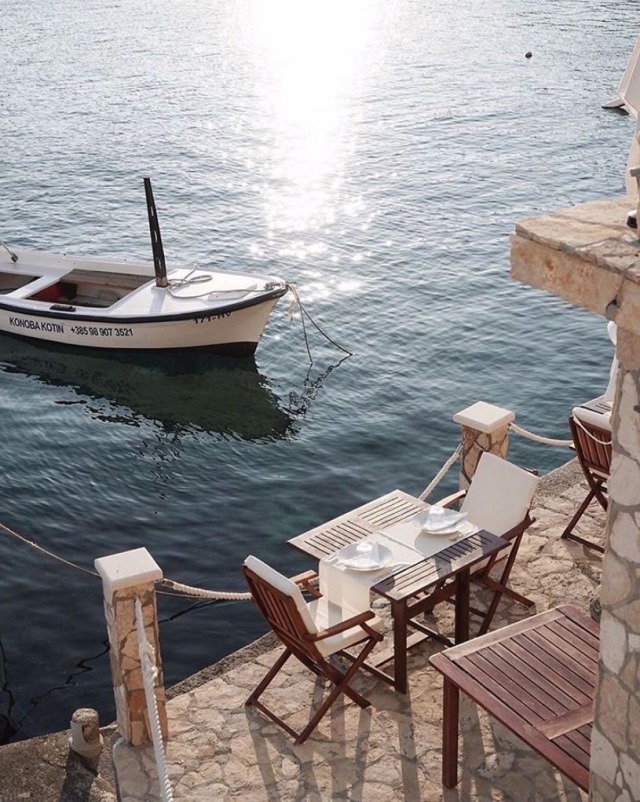 Wooden Boat Dock Sea View Chairs Table Boat Shore